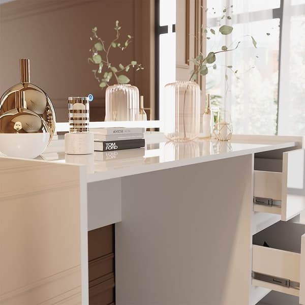 Marla sminkbord, 120cm med LED-spegel, Högblank vit, Vicco