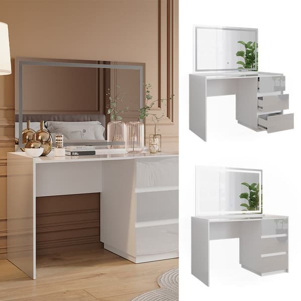 Marla sminkbord, 120cm med LED-spegel, Högblank vit, Vicco