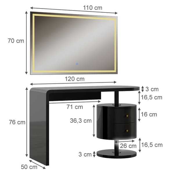 Lara sminkbord, 120cm med LED-spegel, Högblank svart, Vicco