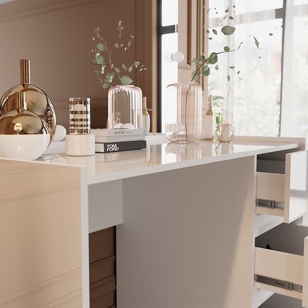 Marla sminkbord, 120cm med spegel, LED-ljusgirlang, Högblank vit, Vicco
