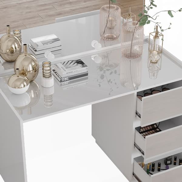 Marla sminkbord, 120cm med spegel, LED-ljusgirlang, Högblank vit, Vicco