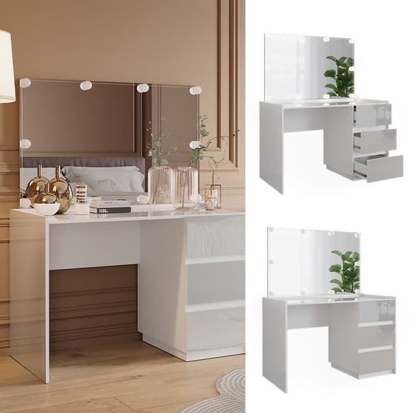 Marla sminkbord, 120cm med spegel, LED-ljusgirlang, Högblank vit, Vicco