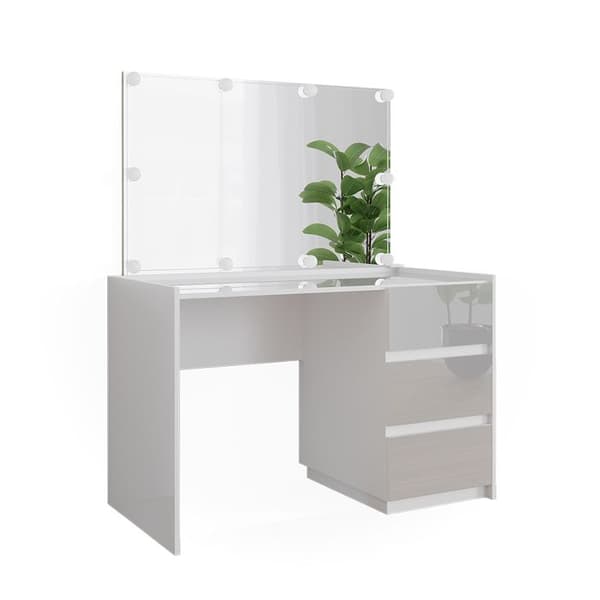 Marla sminkbord, 120cm med spegel, LED-ljusgirlang, Högblank vit, Vicco