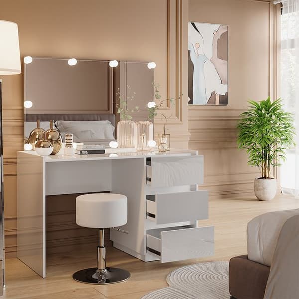 Marla sminkbord, 120cm med spegel, pall, LED-ljuskedja, Högblank vit, Vicco