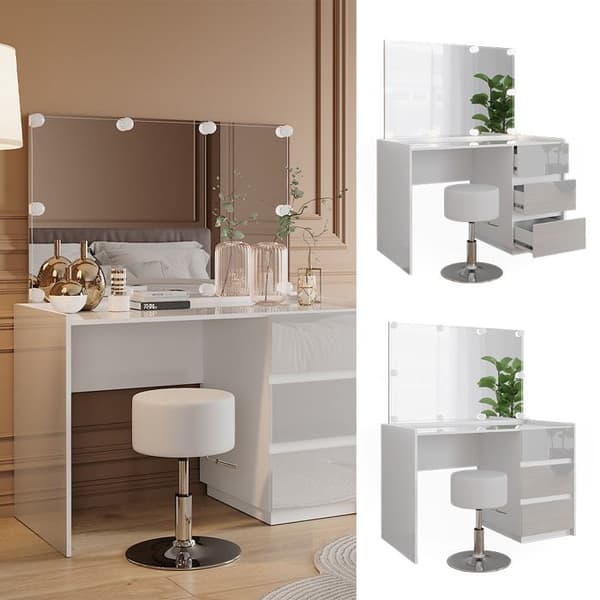 Marla sminkbord, 120cm med spegel, pall, LED-ljuskedja, Högblank vit, Vicco