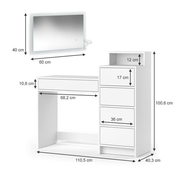 Naara sminkbord, 110,5cm med LED-spegel, Vit, Vicco