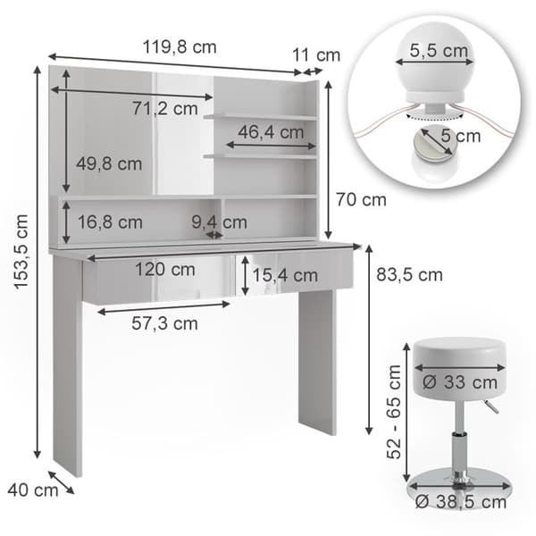 Azur sminkbord, 120cm med LED-belysning och pall, Vit, Högblank vit, Vicco