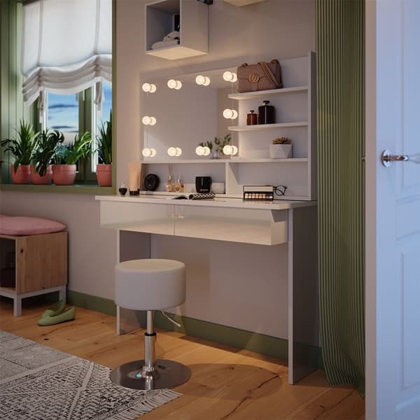 Azur sminkbord, 120cm med LED-belysning och pall, Vit, Högblank vit, Vicco