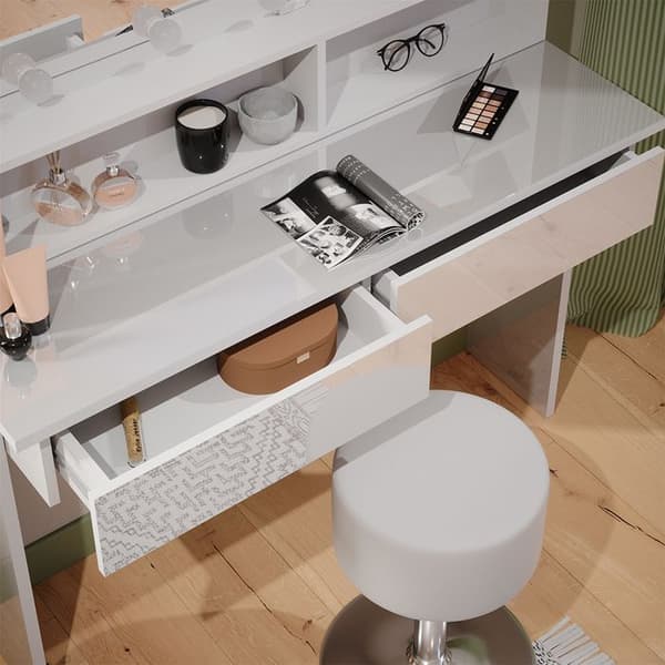 Azur sminkbord, 120cm med LED-belysning och pall, Vit, Högblank vit, Vicco