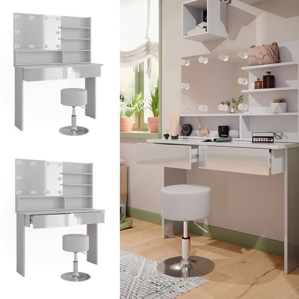 Azur sminkbord, 120cm med LED-belysning och pall, Vit, Högblank vit, Vicco