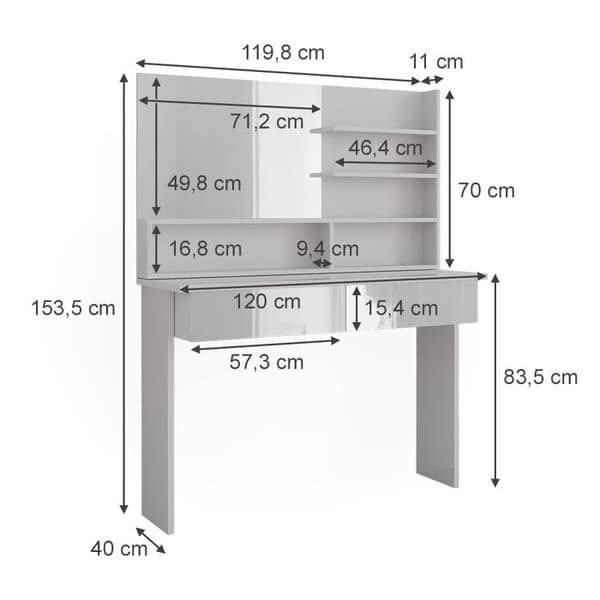 Azur sminkbord, 120cm med spegelhylla, Vit, Högblank vit, Vicco