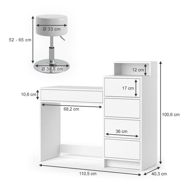 Naara sminkbord, 110,5cm med pall, Vit, Vicco