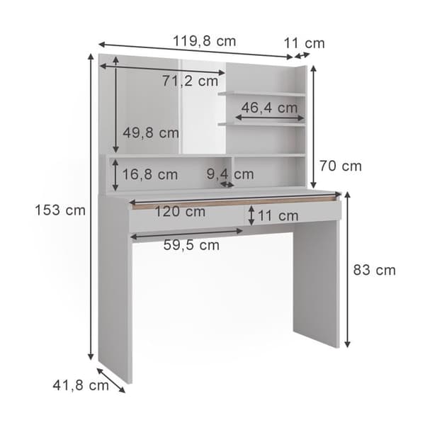 Emma sminkbord, 120cm med spegelhylla, Vit, Vicco