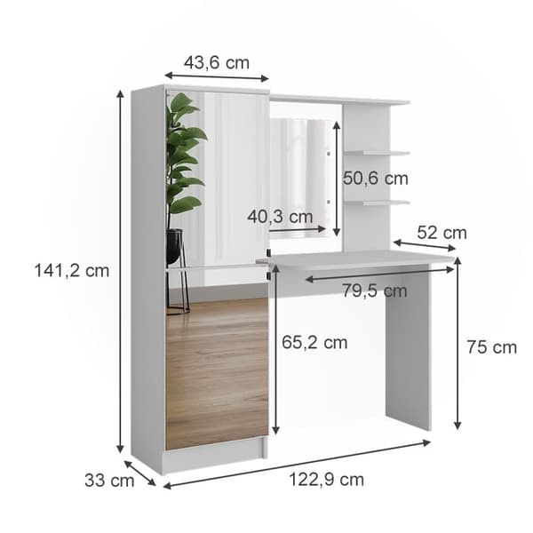 Jasmin sminkbord, 123cm med spegel, Vit, Vicco