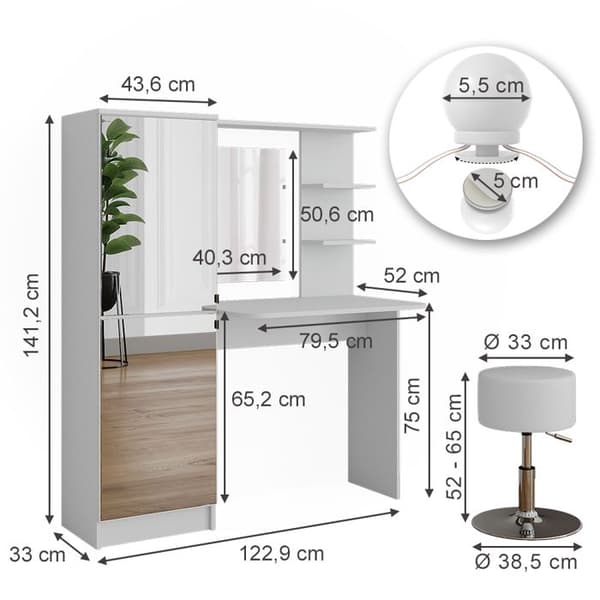 Sminkbord, 123cm med LED-belysning och pall, Vit, Vicco