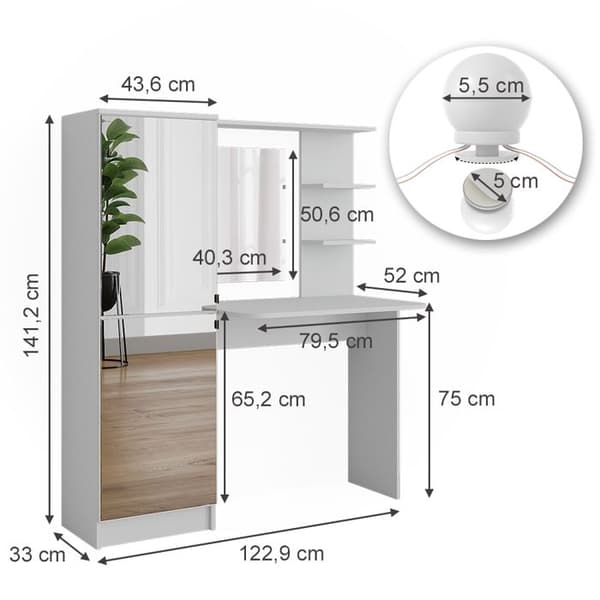 Jasmin sminkbord, 123x141,2cm med LED-belysning, Vit, Vicco