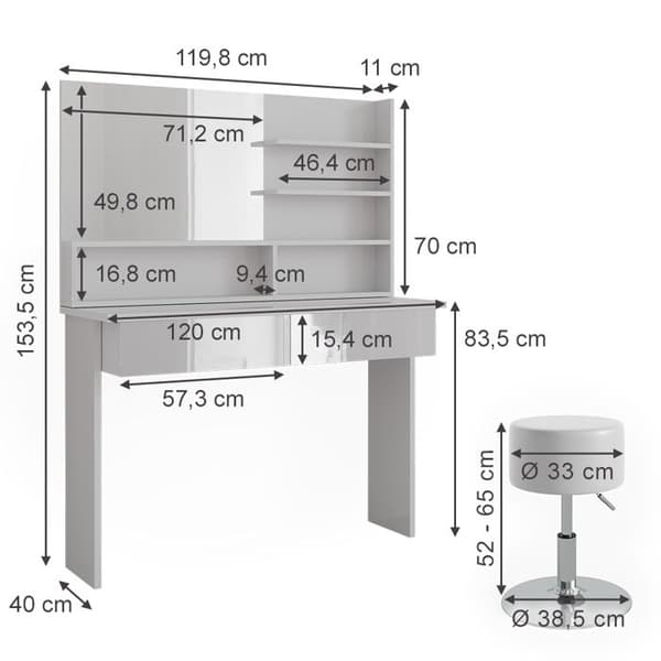 Azur sminkbord, 120cm med pall, Vit, Högblank vit, Vicco