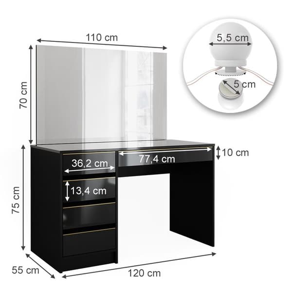 Sherry sminkset, 55cm med LED-belysning, svart/guld, Guld, Vicco