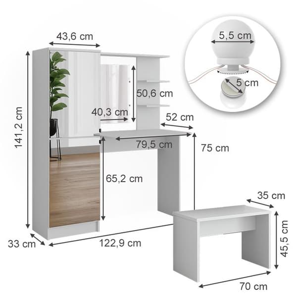 Jasmin sminkbord, 123cm med LED-belysning och bänk, Vit, Vicco