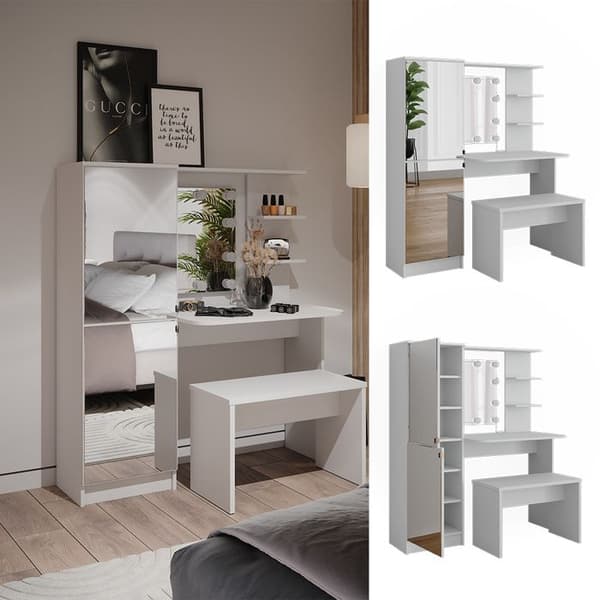 Jasmin sminkbord, 123cm med LED-belysning och bänk, Vit, Vicco