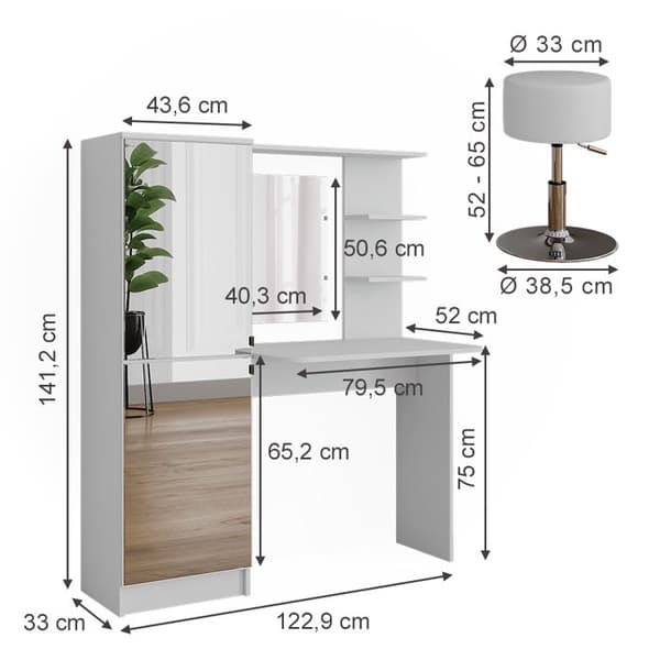 Jasmin sminkbord, 123x141,2cm med pall, Vit, Vicco