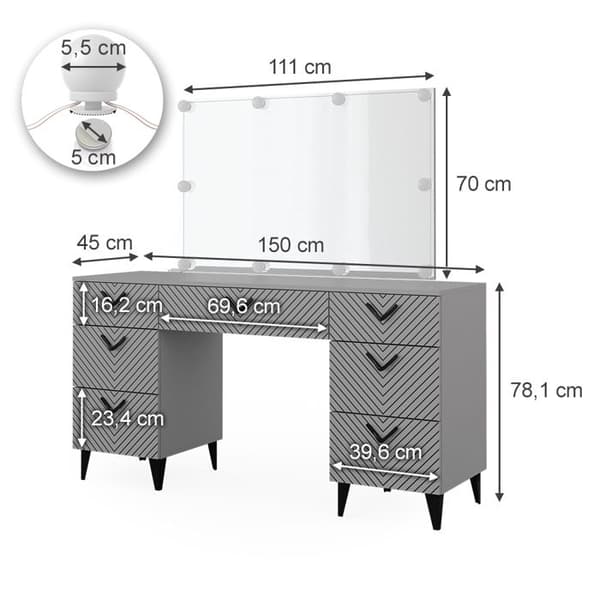 Anett sminkbord, 150cm med LED-belysning, Grå, Vicco