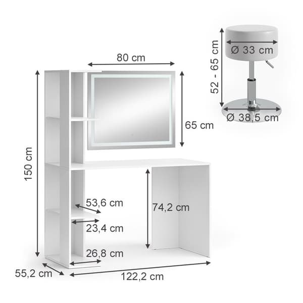 Sminkbord Tower, 122,2cm med belysning och pall, Vit, Vicco