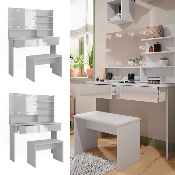 Coiffeuse Azur, 120cm med spegelhylla, bänk och LED-belysning, Vit, Vit högglans, Vicco