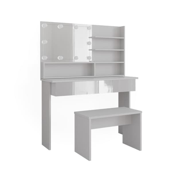 Coiffeuse Azur, 120cm med spegelhylla, bänk och LED-belysning, Vit, Vit högglans, Vicco