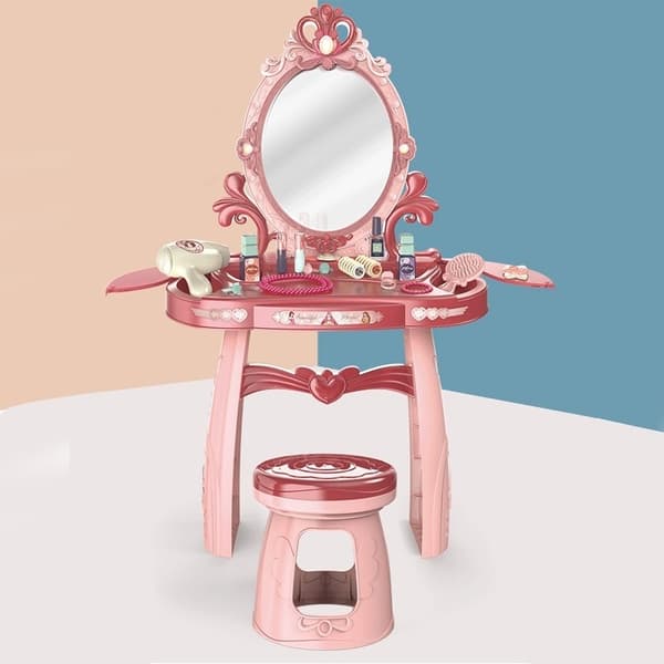 Pink Børne Makeup Bord Sæt med Spejl, Stol & 17 Tilbehør - Pædagogisk Legetøj til 3+ År