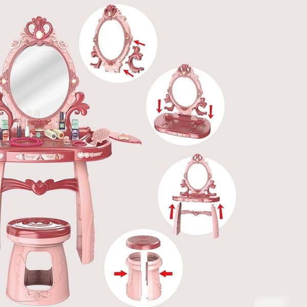 Pink Børne Makeup Bord Sæt med Spejl, Stol & 17 Tilbehør - Pædagogisk Legetøj til 3+ År