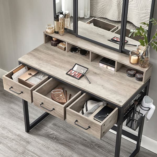 Sminkbord, Frisörsbord med 3-delad vikbar spegel, vintagebrun-svart