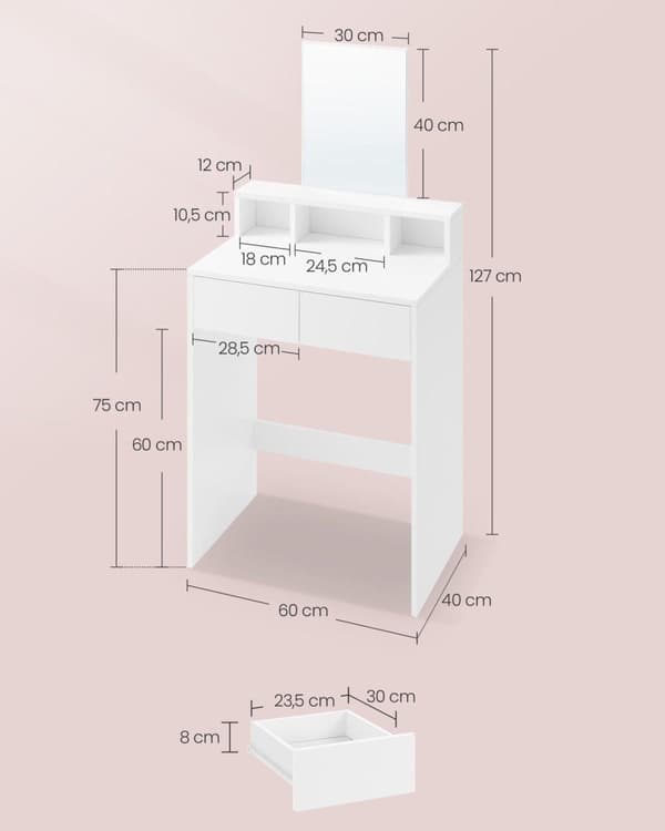 Sminkbord, VASAGLE RDT103R01, 40x60 cm, Rosa