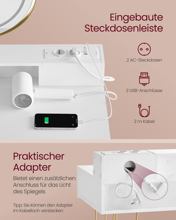 Sminkbord, VASAGLE RVT619W01, 100x40 cm, Vit