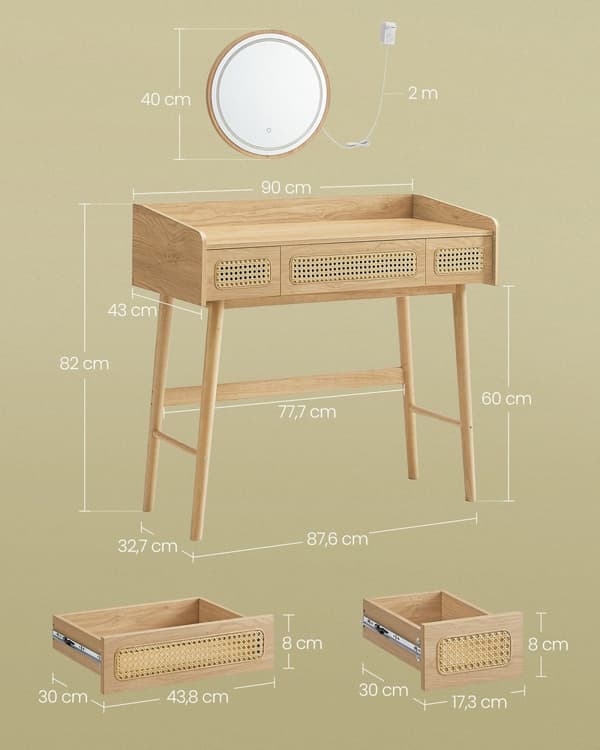 Sminkebord, SONGMICS HOME BOHOVEN, 43x90x82 cm, Eg Beige.