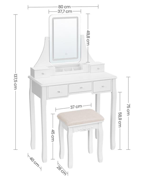 Sminkbord med stol, 80 x 40 x 137,5 cm, vit
