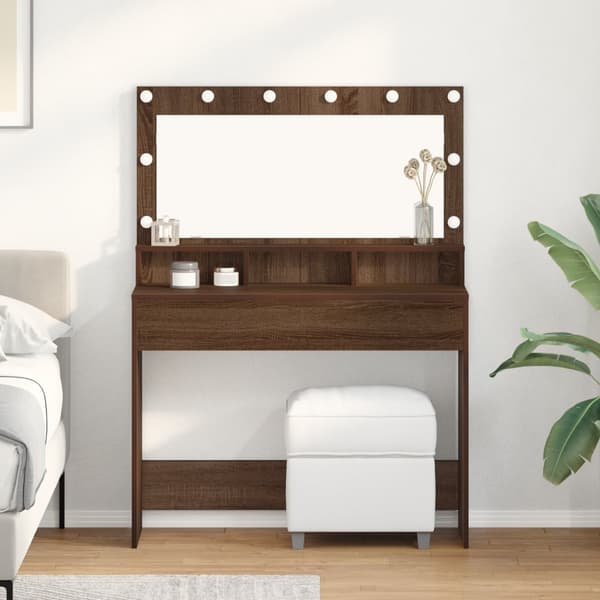 Sminkbord med LED-lampor brun ek 100x41x135 cm