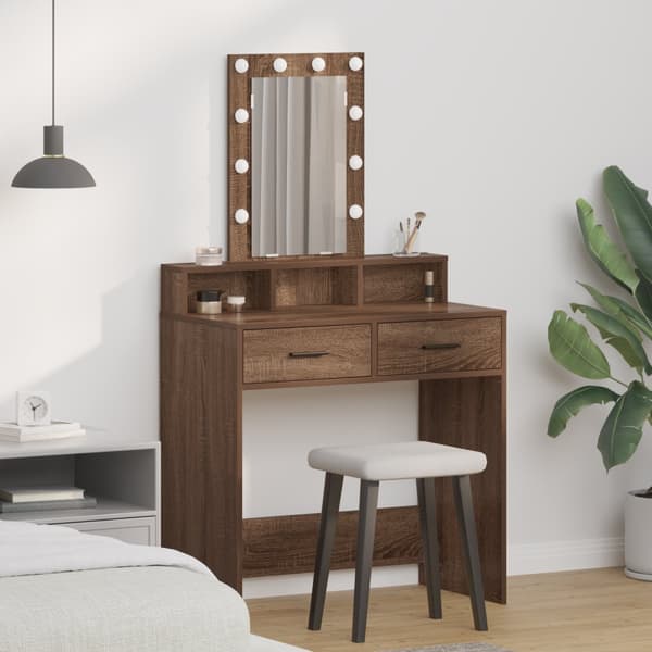 Sminkbord med LED-lampor brun ek 79x41x140 cm