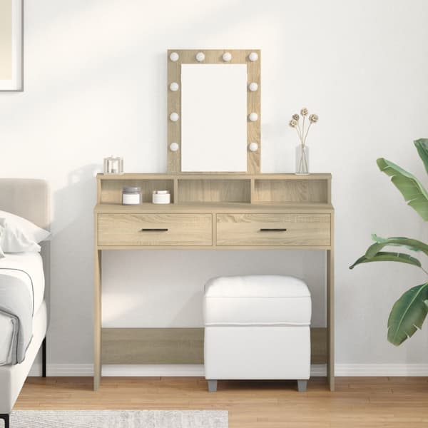 Sminkbord med LED-lampor sonoma-ek 100x41x140 cm