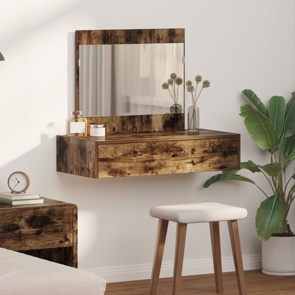 Väggmonterat sminkbord rökt ek 83x40x70 cm