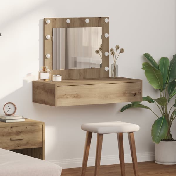 Väggmonterat sminkbord med LED-lampor artisan ek
