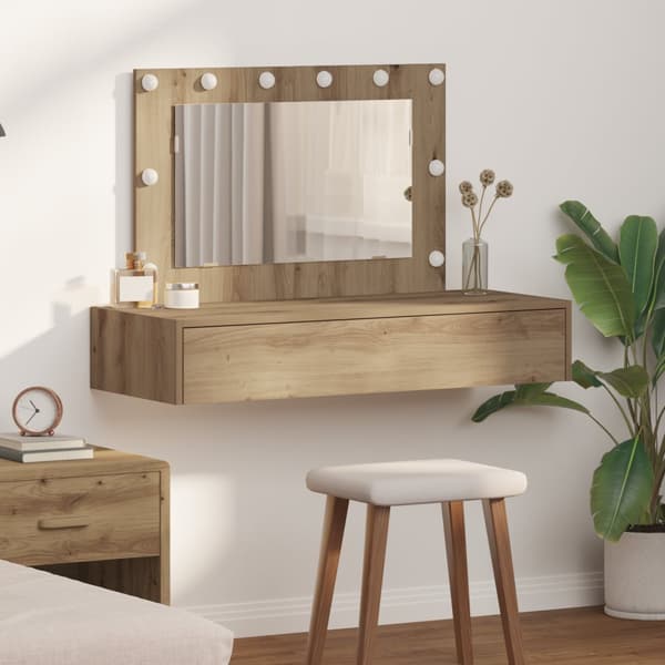 Väggmonterat sminkbord med LED-lampor artisan ek