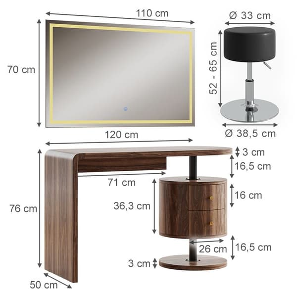 Coiffeuse Lara, 120 cm med LED-spegel och pall, Rustikt ek, Vicco