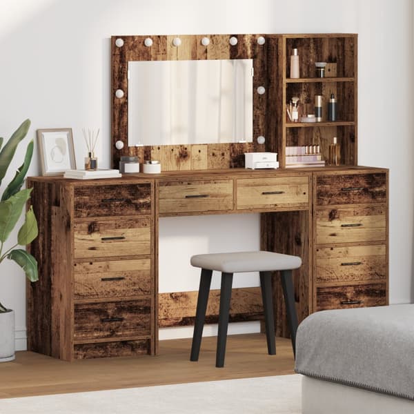 Sminkbord set 3 delar med LED-lampor åldrat och konstruerat trä