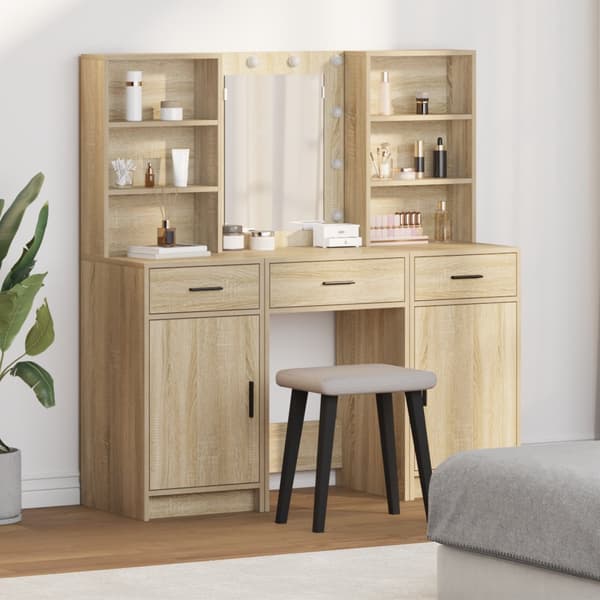 Sminkbord set 3 delar med LED-lampor sonoma-ek konstruerat trä