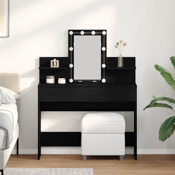 Sminkbord med LED-lampor svart ek 100x40x130 cm