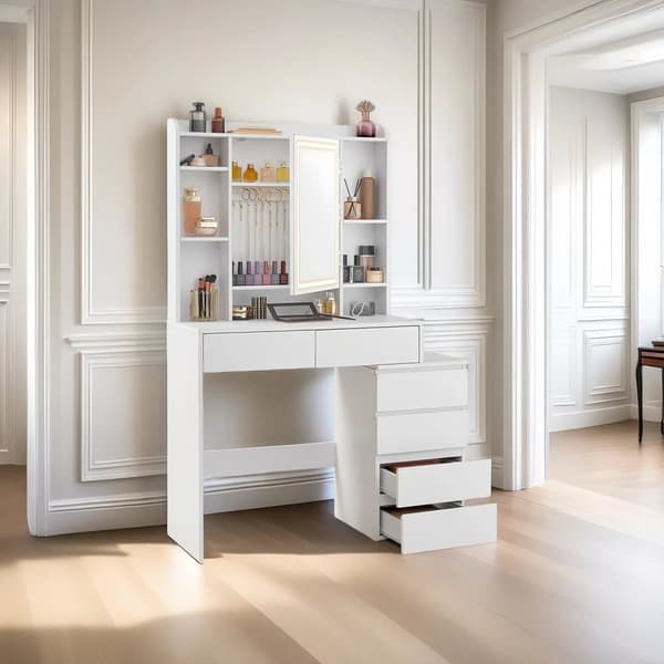 Sminkbord med LED-belysning, 40x97.5x145 cm, Molnvit