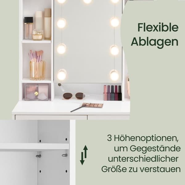 Sminkbord med LED-belysning, 40x90x144.7 cm, Molnvit
