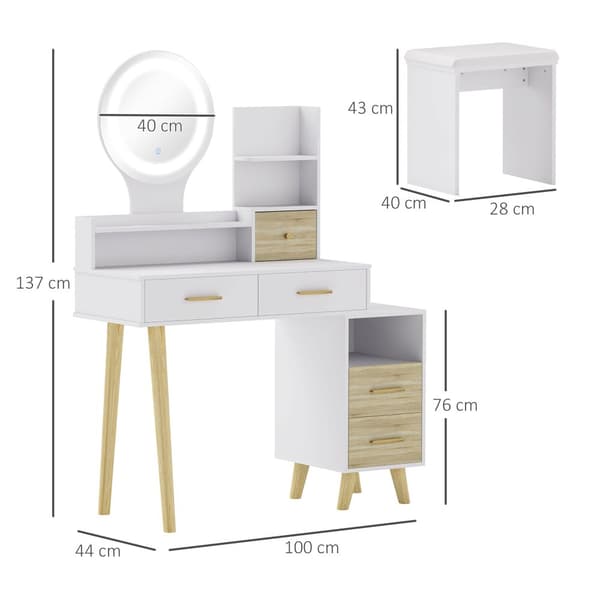 Rootz toalettbordsset med spegel - Vanity Table - Frisörbord - LED -belysning - 100 cm x 44 cm x 137 cm