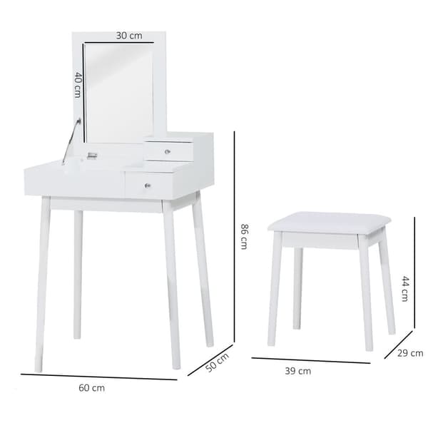 Rootz toalettbordsset med avföring - Vanity Desk - Makeup Station - Foldbar Mirror & Storage - MDF & Pine - 60cm x 50cm x 86 cm